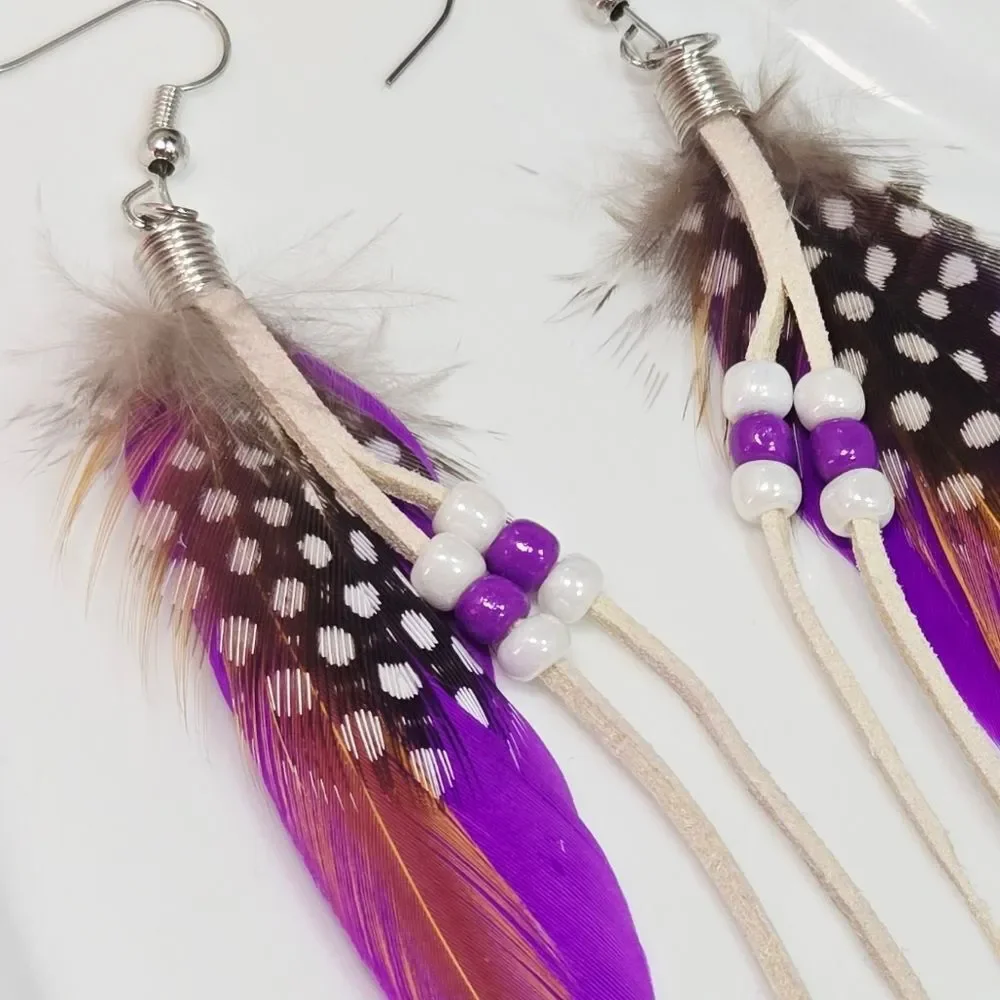Purple Feather Earrings – Handmade Boho Beaded Tassel Dangles Hippie Bohemian